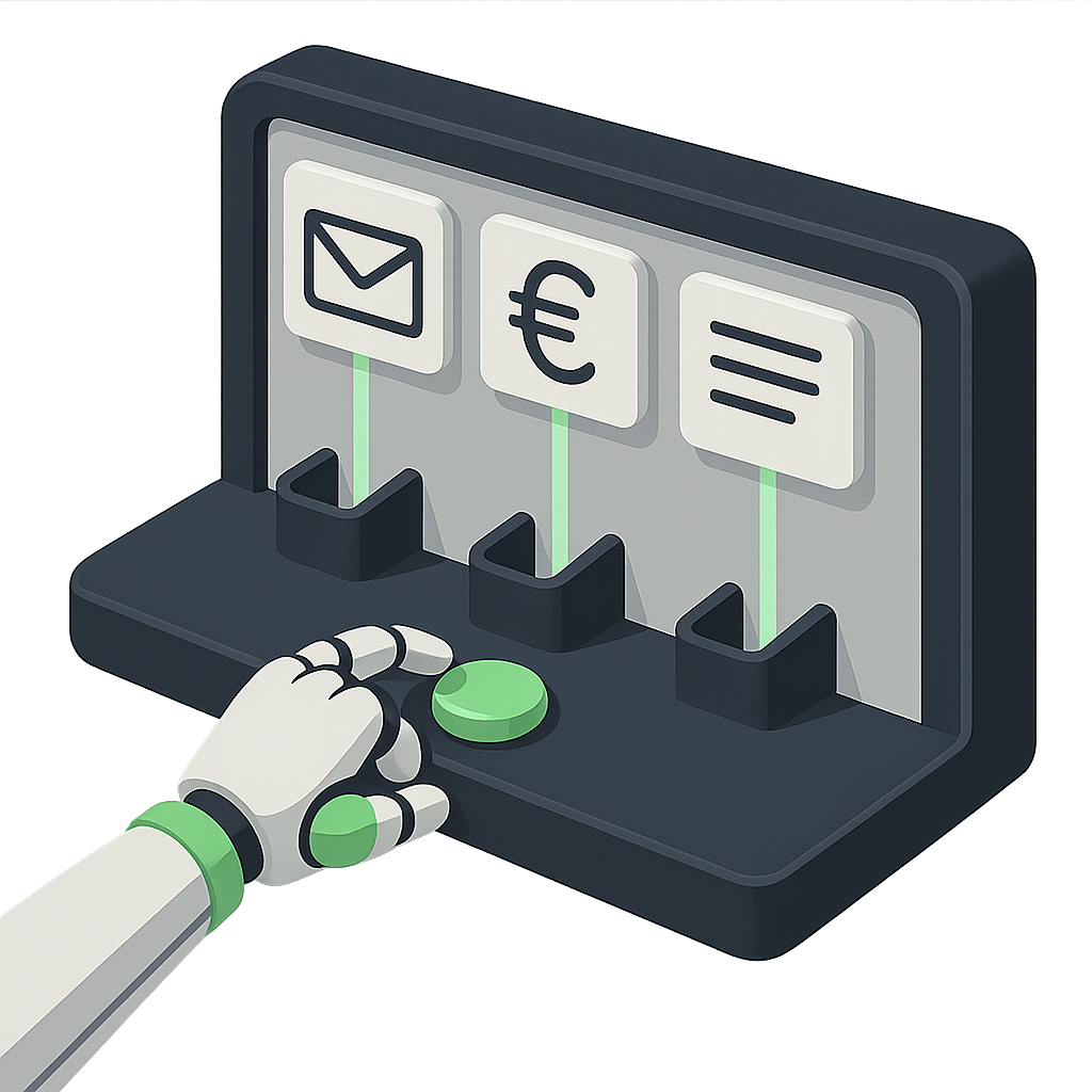 Mano robótica activando flujos automáticos de tareas