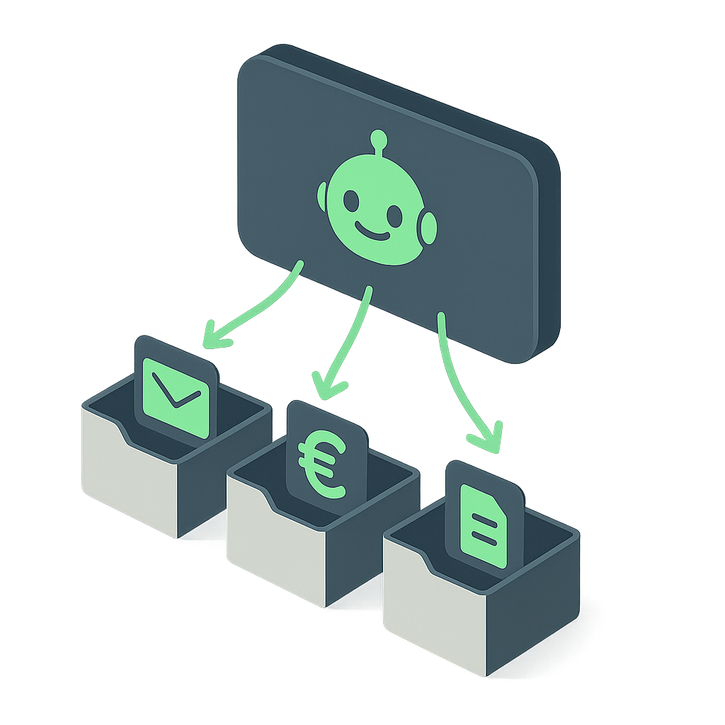 Ilustración de asistente virtual organizando tareas en bandejas