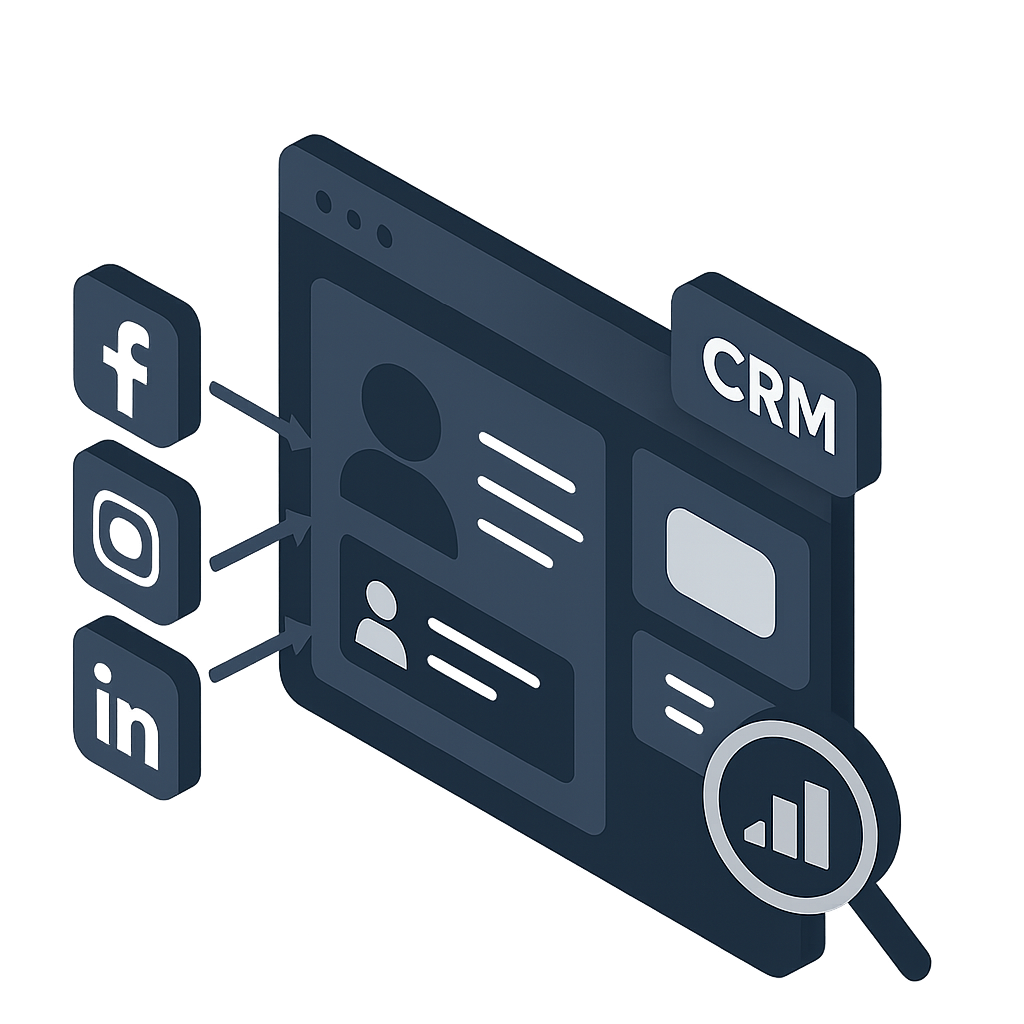 Ilustración de sistema CRM conectado con redes sociales y paneles de datos
