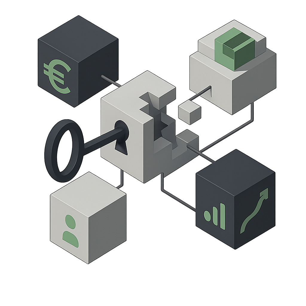 Ilustración 3D de bloques conectados con una llave central que representa integración de sistemas empresariales
