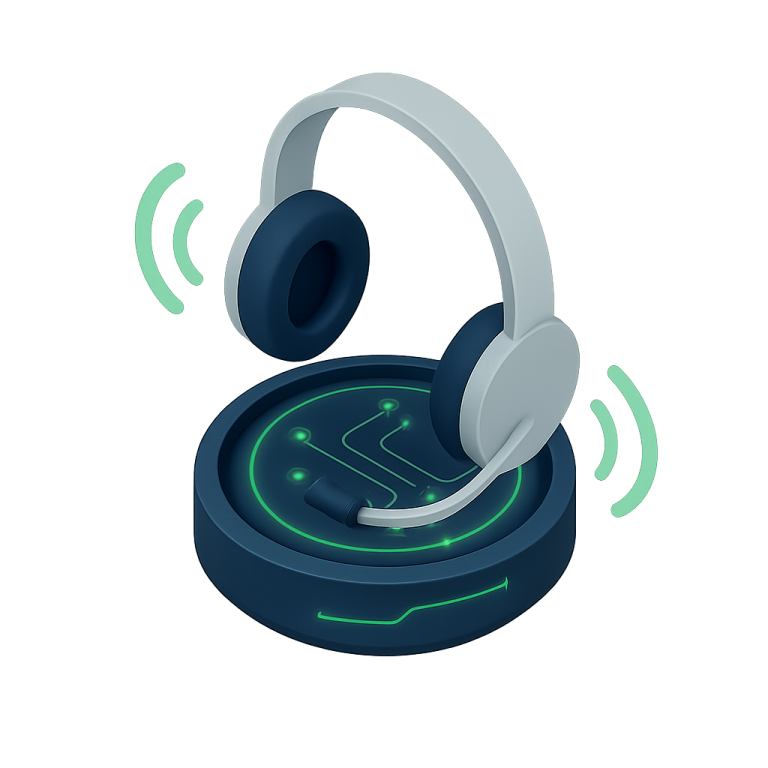 Auriculares con micrófono sobre base tecnológica y ondas de comunicación