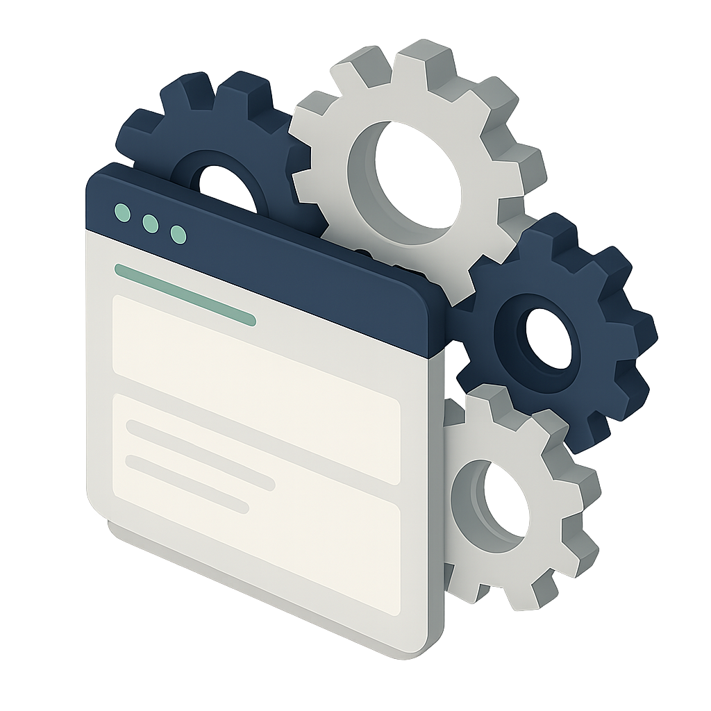 Ilustración de ventana de navegador con engranajes que simbolizan desarrollo web automatizado