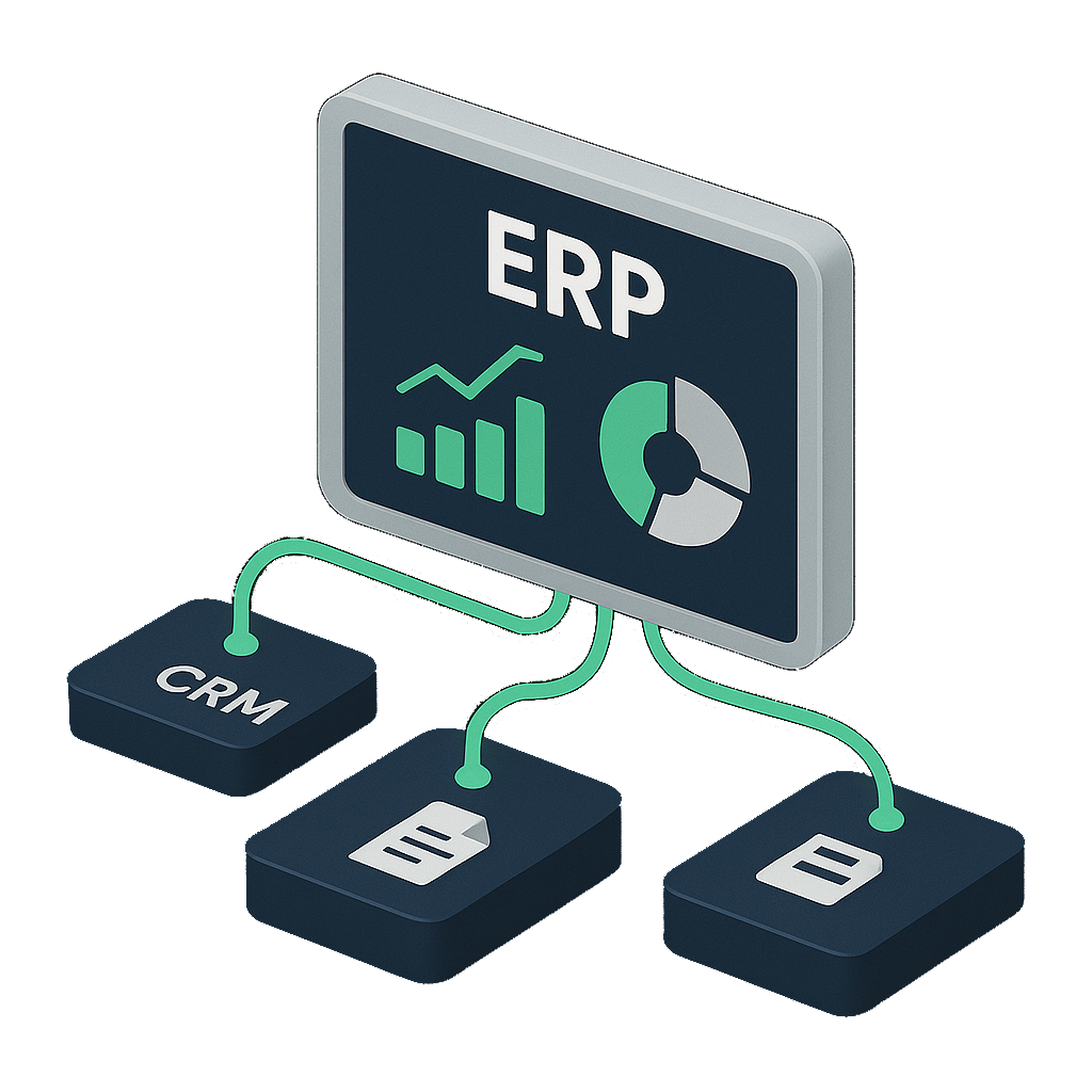 Ilustración de un ERP conectado a módulos de CRM, finanzas y documentos
