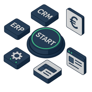 Botón Start rodeado de iconos de ERP, CRM, automatización, web y facturación