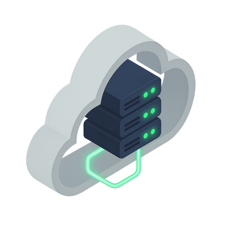 Servidores conectados dentro de una nube, representando alojamiento web en la nube