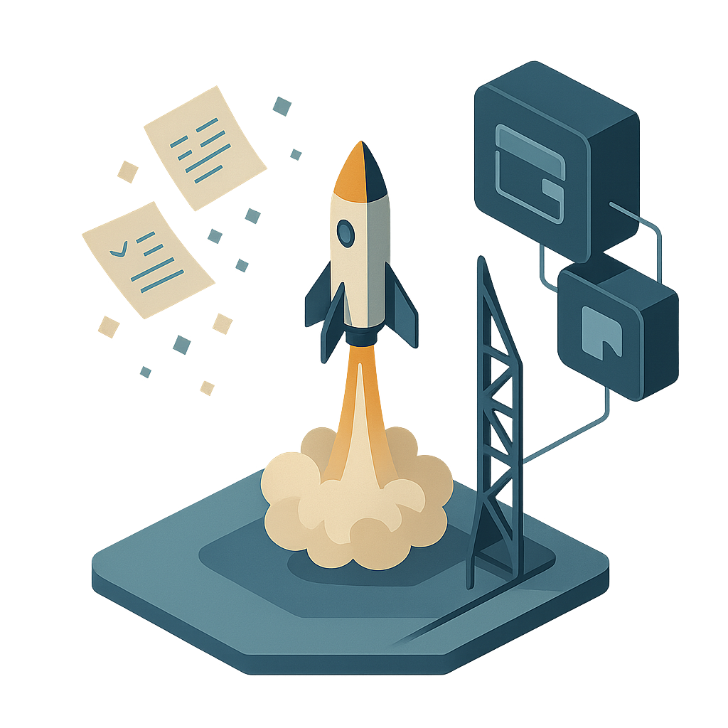 Cohete despegando entre documentos digitales conectado a plataformas de facturación electrónica